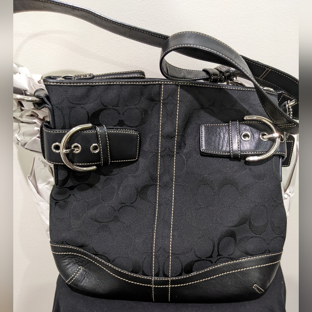 Coach Black Signature Canvas Shoulder Bag with Leather Trim